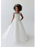 Cap Sleeves Beaded Ivory Lace Tulle Illusion Pearl Buttons Back Flower Girl Dress